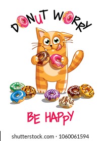 Vector illustration of cartoon cat with donuts.