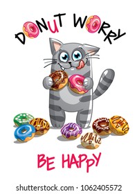 Vector illustration of cartoon cat with donuts.
