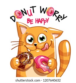 Vector illustration of cartoon cat with donuts.