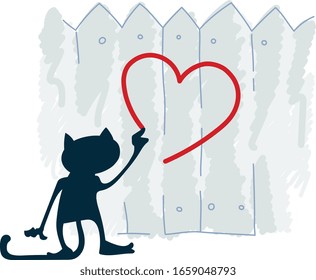 Vector illustration of a cartoon cat drawing a heart on a fence.