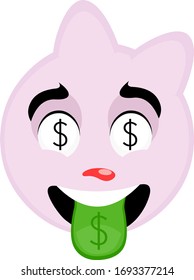 Vector illustration of a cartoon cat face, with eyes and tongue with the dollar sign