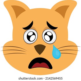 Vector illustration of a cartoon cat face with a sad expression and a tear falling from his eye