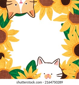 Ilustración vectorial de la cara del gato de caricatura y diseño del marco del girasol en fondo blanco