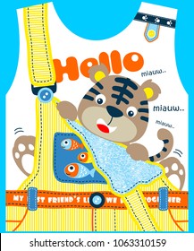Vector illustration of cartoon cat with fishes on kids apparel pattern
