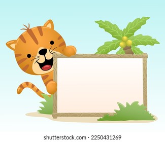 Vector illustration of cartoon cat with frame border template and palm tree