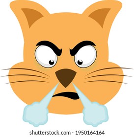 Vector illustration of a cartoon cat head emoticon with an angry expression and fuming through its nose