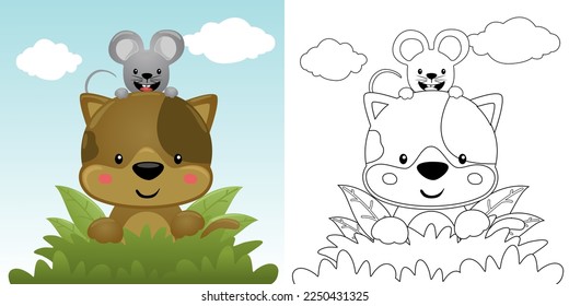 Vector illustration of cartoon cat with mouse in bushes. Coloring book or page for kids 