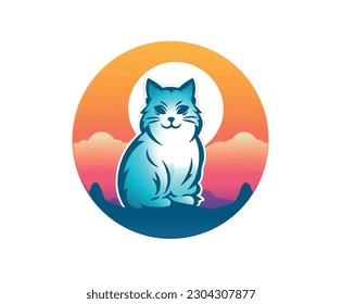 Ilustración vectorial del gato de dibujos animados sobre el fondo de la puesta del sol