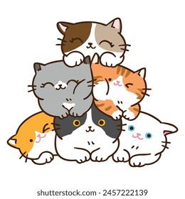 Vector Illustration of Cartoon Cat Pile on Isolated Background