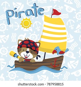 Vector illustration of cartoon cat in pirate costume with parrot on sailboat on sailing elements pattern background