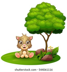 Vector illustration of Cartoon cat sitting under a tree on a white background