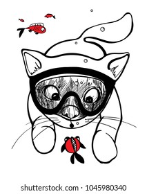 Vector illustration of cartoon cat under water in swimming mask with fish