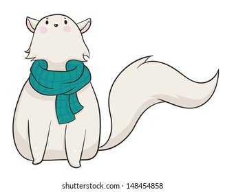 Vector illustration of a cartoon cat wearing a green scarf and looking up.