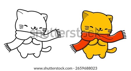 Vector illustration of a cartoon cat wearing a scarf in winter with sketch, used as icon or sticker, logo and for coloring book.