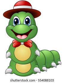 Vector illustration of Cartoon caterpillar with hat and bow tie