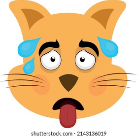 Vector illustration of a cartoon cat's face with an exhausted expression, tongue sticking out and drops of sweat on his head