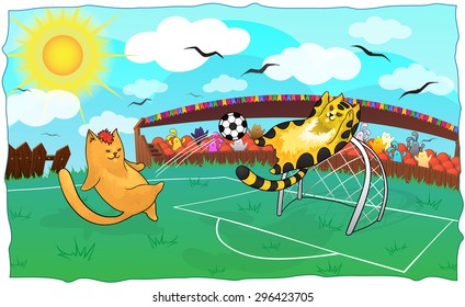 Vector illustration of cartoon cats playing soccer. Background with cute cats. Template for card.