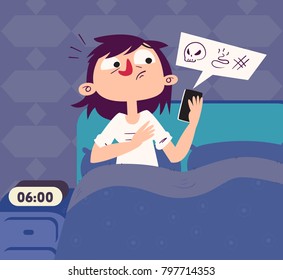 Vector illustration of a cartoon caucasian girl waking up early and arguing on the phone.