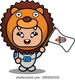 vector illustration cartoon character animal mascot costume cute lion astronaut holding space flag