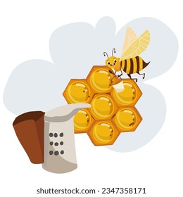 Vektorgrafik von Cartoon Charakter Biene mit Honeycombs und Gerät für die Begasung Bienenstöcke, Raucher.
