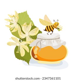 Vector illustration of a cartoon character of a bee with a jar of honey, linden flowers.