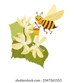 Vector illustration of a cartoon character of a bee with a bucket of honey, linden flowers.