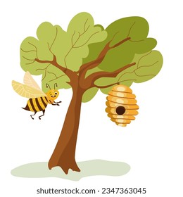 Vector illustration of cartoon character bee tree, beehive, nest, beekeeping, honey. svg