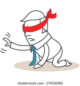 Vector illustration of a cartoon character: Blindfolded businessman on his knees trying to get his bearings