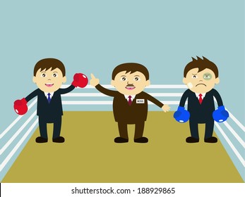 Vector Illustration Of Cartoon Character: Boss Announcing Winner In Boxing Match Between Two Business Men. 