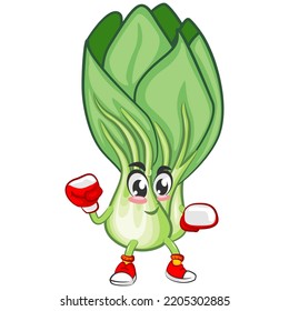 vector illustration of cartoon character of a boxer's lettuce bok choy with his boxing gloves
