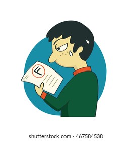Vector illustration cartoon character of boy or young student showing examination result F grade on paper, with worried and despair expression.  