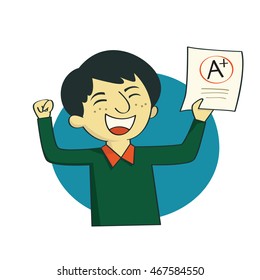 Vector illustration cartoon character of boy or young student showing examination result A plus grade on paper, with cheerful and happy expression.  