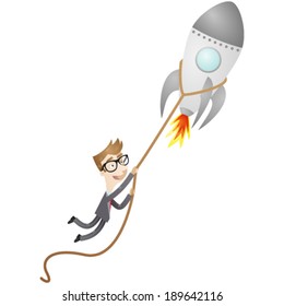 Vector illustration of a cartoon character: Businessman holding on to launching rocket.