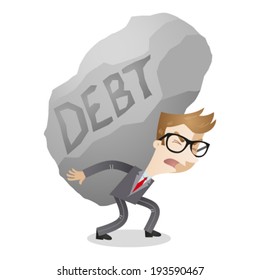 Vector illustration of a cartoon character: Businessman carrying huge rock labeled debt.