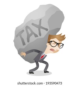 Vector illustration of a cartoon character: Businessman carrying huge rock labeled tax.