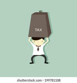 Vector illustration of a cartoon character: Businessman carrying heavy tax. 