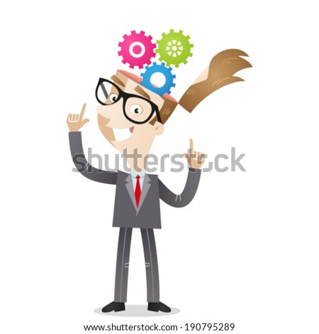 Vector illustration of a cartoon character: Businessman pointing at cog wheels in his head.