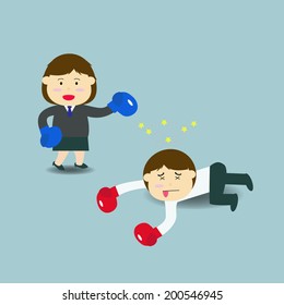 Vector illustration of cartoon character : businesswoman and businessman in boxing match. 