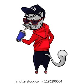 Vector illustration. Cartoon character. Cat in sportswear in a cap with a cup in his hand.