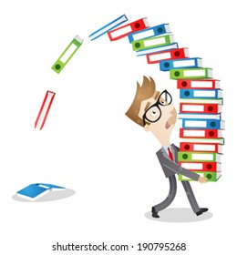 Vector Illustration Of A Cartoon Character: Clumsy Businessman Carrying Pile Of Binders And Paperwork.