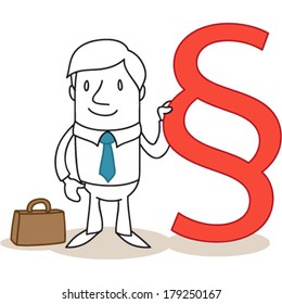 Vector illustration of a cartoon character: Confident businessman / lawyer standing next to huge paragraph sign.