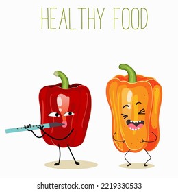 Vector Illustration Of A Cartoon Character Of A Couple Of Bell Peppers Having Fun, With A Fife, A Flute. Healthy Food, Ingredient, Design For Children's T-shirt.