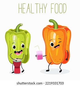 Vector illustration of a cartoon character a couple of bell peppers having fun, playing the ethnic, African drum, sipping a cocktail. Healthy food, ingredient, design for children's t-shirt.