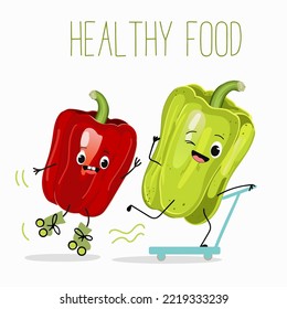 Vector illustration of cartoon character couple of bell peppers ride scooter, fun. Healthy food, design for children's t-shirt.
