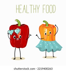 Vector illustration of cartoon character couple bell pepper, healthy food, ingredient, childish design.