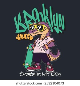 Vector illustration of cartoon character crocodile  riding a skateboard and graffiti typography