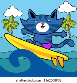 vector illustration of cartoon character cute animals activity, cat playing surfing on the sea, sport drawing concept for children and kids learning supplies