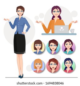 Vector illustration. Cartoon character cute business woman in formal clothes. Set of full-length girl, sitting at the computer, face icons with different hairstyles and a smile.