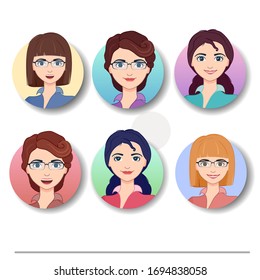  Ilustración vectorial. Personaje de caricatura linda mujer de negocios. Conjunto de iconos con mujeres.