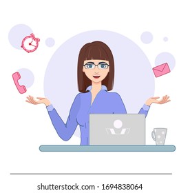 Ilustración vectorial. Personaje de caricatura linda mujer de negocios con ropa formal sentada en el ordenador.
